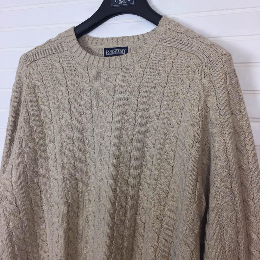 Lands End Beige Cable Knit Sweater size L 42/44